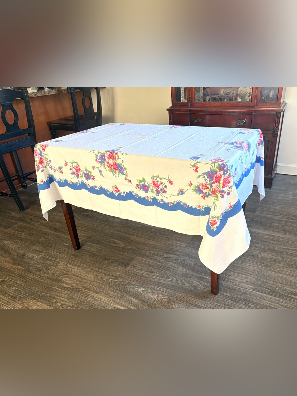 Vintage MCM Pink Blue Floral Tablecloth w Printed Scalloped Border Shabby 54x72